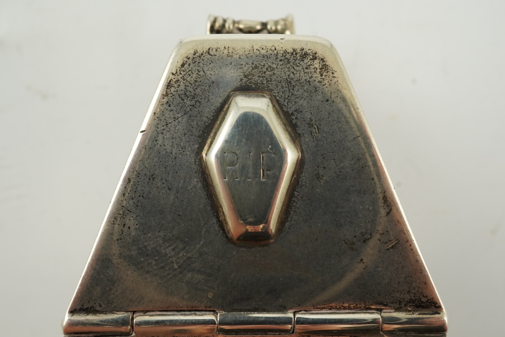 A George VI novelty silver snuff box, modelled as coffin with two handles and an 'RIP' appliqué, maker HW